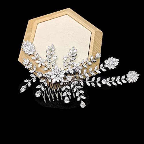 Luxury Full CZ Diamond Bridal Hair Comb Cubic Zirconia Hair Clip Silver Floral Bridal Headpieces for Wedding Hair Accessories for Bride Crystal Jewelry (Silver)