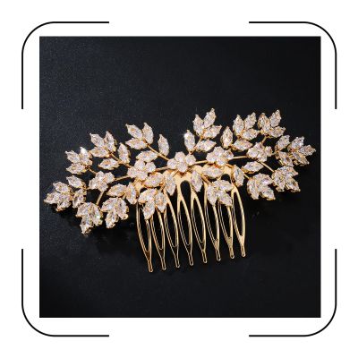 Cubic Zirconia Bridal Hair Comb Headpiece Crystal Hair Pieces for Brides Hair Clip Small Silver Wedding Hair Accessories Peinetas Para Cabello De Mujer Elegantes (Gold)