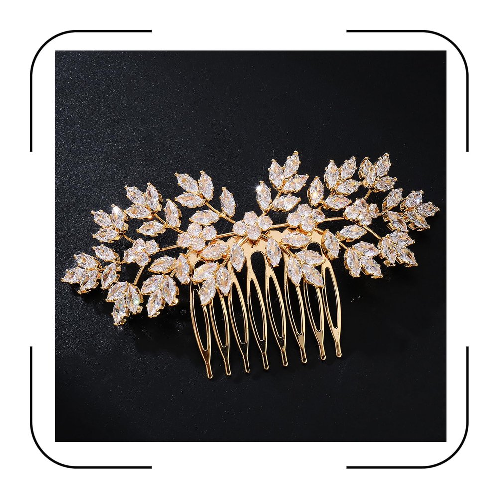 Cubic Zirconia Bridal Hair Comb Headpiece Crystal Hair Pieces for Brides Hair Clip Small Silver Wedding Hair Accessories Peinetas Para Cabello De Mujer Elegantes (Gold)
