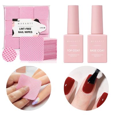 Makartt No Wipe Top Coat and Base Coat Kit and Pink Lint Free Nail Wipes Bundle, Clear Gloss Shiny Stain Resistant General Gel Top Coat Base Coat, 1000pcs Super Absorbent Soft Nail Wipes