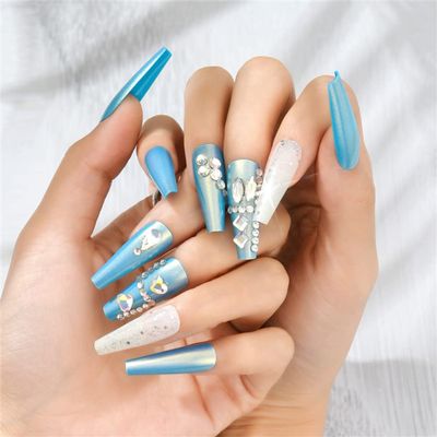 Cubic Zirconia Laser Color Press On False Nails Medium Length Full Cover Acrylic Long Ballerina Coffin Shaped Shiny Fake Nails for Women Nail Salons Home DIY Nail Art 24 PCS (A19-ZXG-9 Blue)