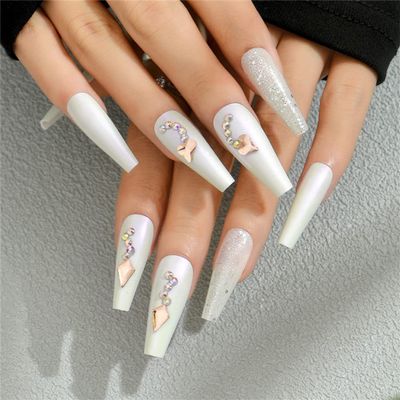 Cubic Zirconia Laser Color Press On False Nails Medium Length Full Cover Acrylic Long Ballerina Coffin Shaped Shiny Fake Nails for Women Nail Salons Home DIY Nail Art 24 PCS(A19-ZXG-2 White)