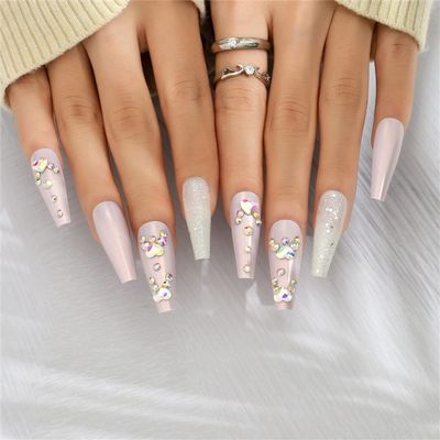 Cubic Zirconia Laser Color Press On False Nails Medium Length Full Cover Acrylic Long Ballerina Coffin Shaped Shiny Fake Nails for Women Nail Salons Home DIY Nail Art 24 PCS(A19-ZXG-3 Pink)