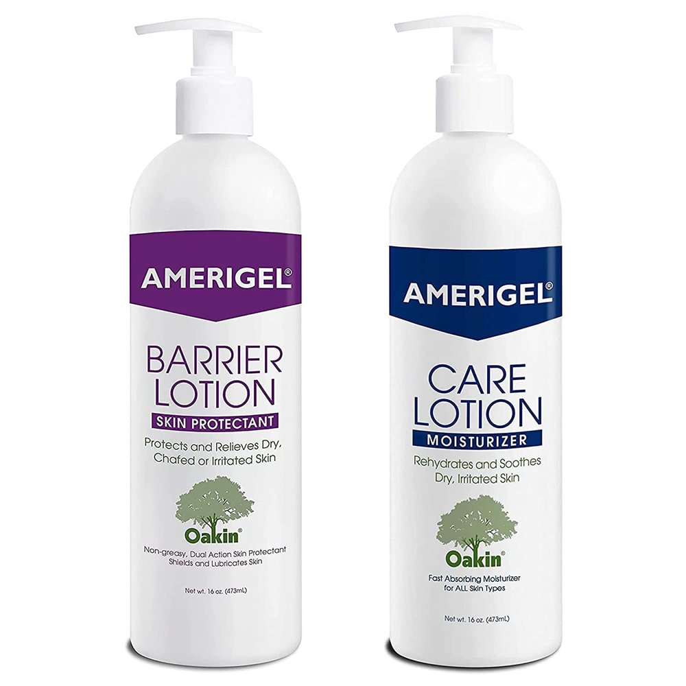 AMERIGEL Total Day & Night Skin Care Bundle - Barrier Lotion Skin Protectant Bottle With Pump (16 oz.) - Care Lotion Hypoallergenic Moisturizer Bottle With Pump (16 oz.)