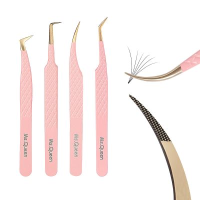 Ms.Queen Lash Tweezers for Eyelash Extensions,Precision 4Pcs Fiber Tip Grip 45 90 Degree L-Shaped Boot Curved Isolation Eyelash Tweezers Set