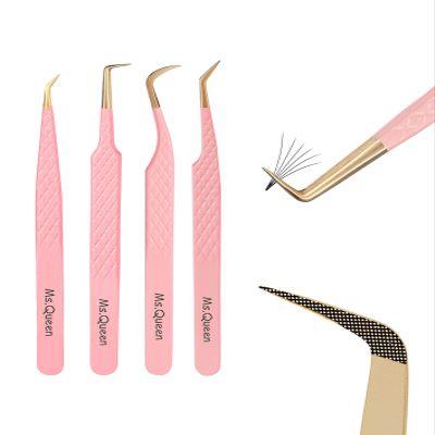 Ms.Queen Lash Tweezers Set,Professional 4Pcs 45 90 Degree Curved and Isolation Lash Tweezers for Eyelash Extensions