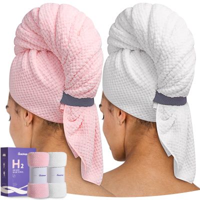 Umisleep Extra Large Microfiber Hair Towel for Women Curly, Long, Thick Hair, 2 Pack Ultra Absorbent Hair Drying Towel Wrap, Super Soft Anti Frizz Hair Turban with Elastic Loop (White, Pink)