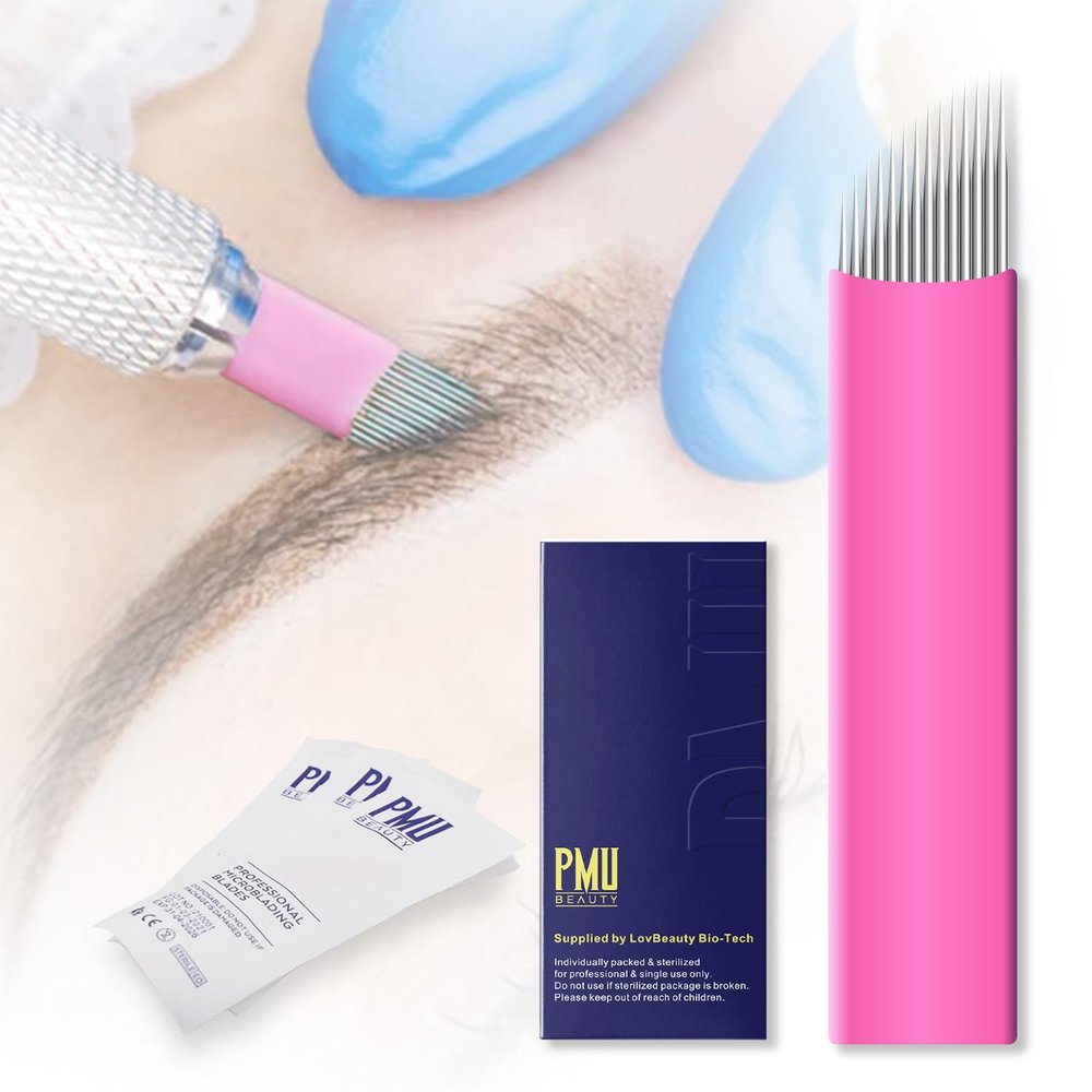50Pcs Professional Microlading Needles 14 Curved Flat with 0.18mm Diameter Disposable Manual Eyebrow Blades Tattoo Neddles Permanent Makeup Supplies Microblading Kits