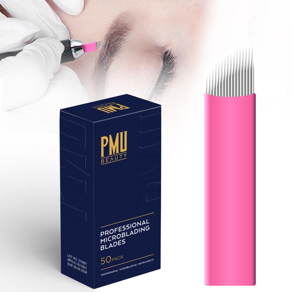50Pcs Professional Microlading Needles 16 Pins Curved Flat with 0.18mm Diameter Disposable Manual Eyebrow Blades Tattoo Neddles Permanent Makeup Supplies Microblading Kits
