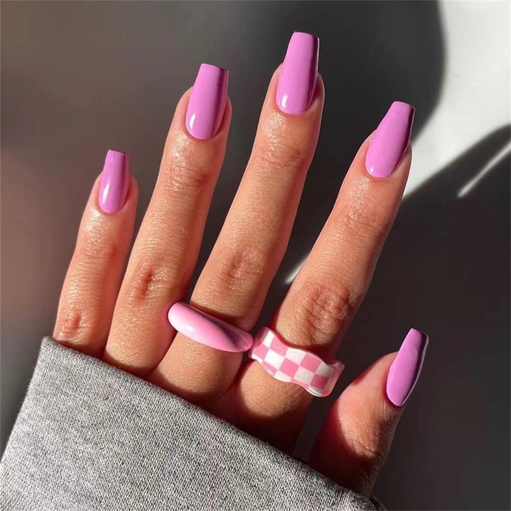 Meranti Colors Press On False Nails Medium Length Square Full Cover Acrylic Fake Nails Removable Summer Fashion Ballerina Nails for Nail Salons and Home DIY Nail Art 24 PCS (JP2072 Light Purple)