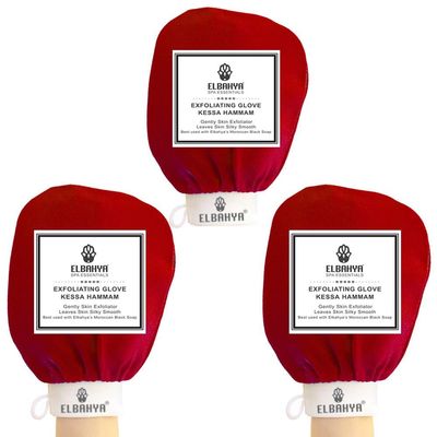 Elbahya Exfoliating Mitt Body Kessa Hammam - Microdermabrasion At Home Exfoliating Mitts, Removes Unwanted Dead Skin, Dirt and Grime or Keratosis Pilaris (Red Pack of 3)
