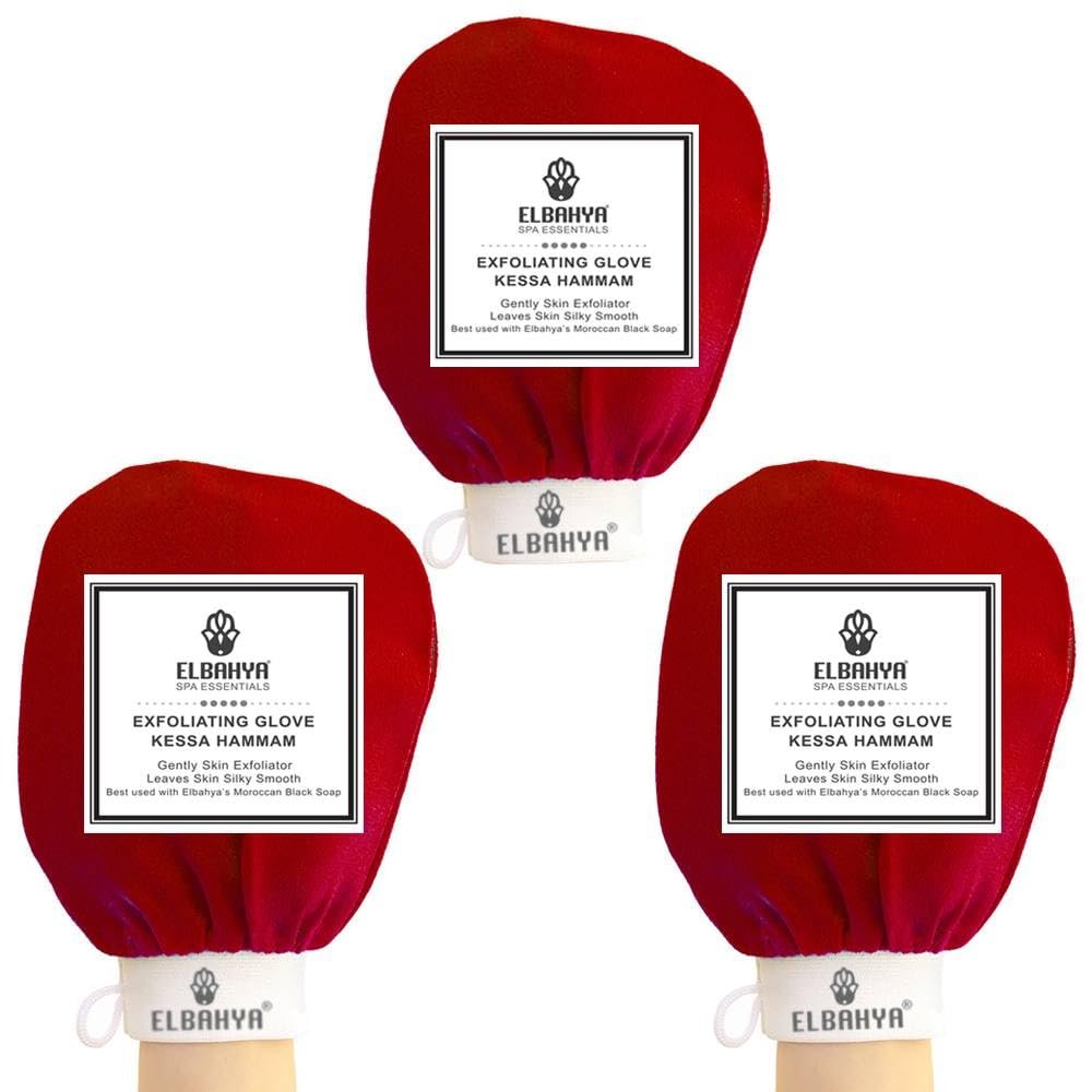Elbahya Exfoliating Mitt Body Kessa Hammam - Microdermabrasion At Home Exfoliating Mitts, Removes Unwanted Dead Skin, Dirt and Grime or Keratosis Pilaris (Red Pack of 3)