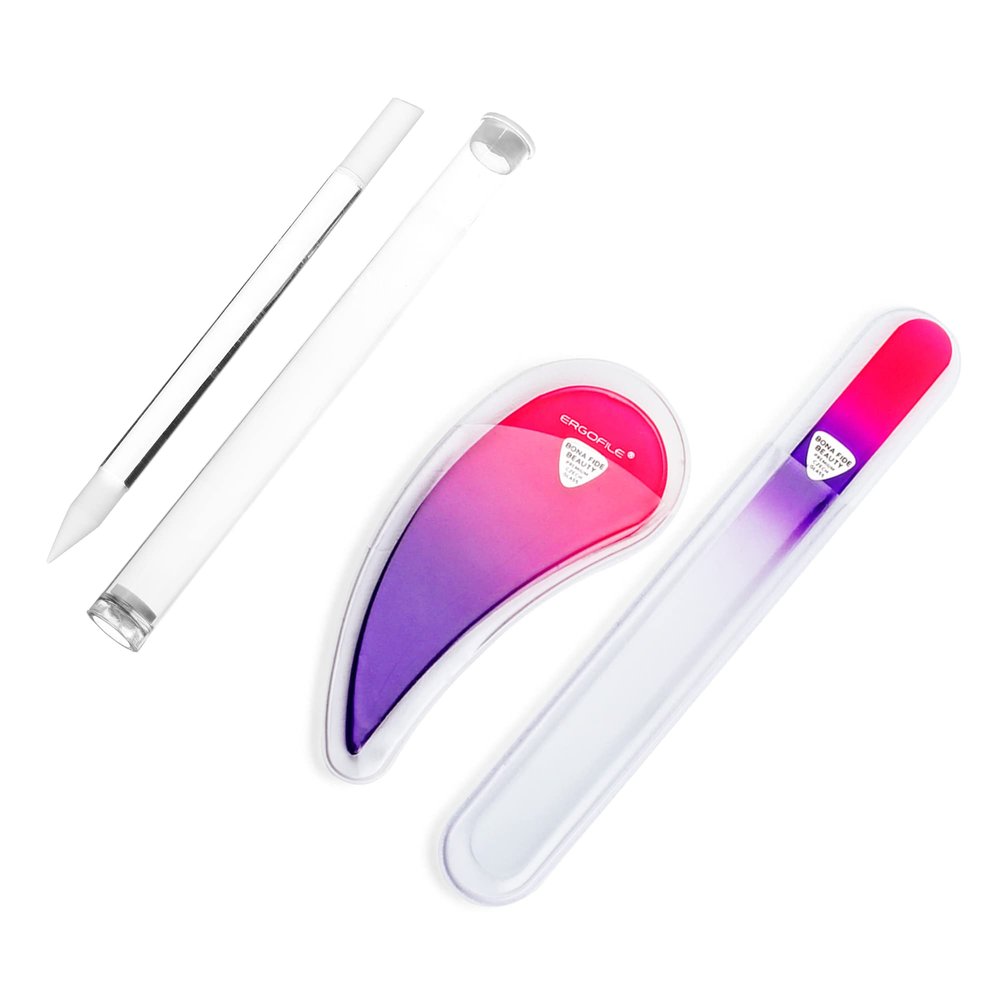 BONA FIDE BEAUTY Glass Nail File Manicure Set, Comfort Grip Ergonomic Drop Ergofile (Pink/Violet) Czech Glass with Glass Cuticle Pusher (Clear), Elegant Gift Nail Care Tools
