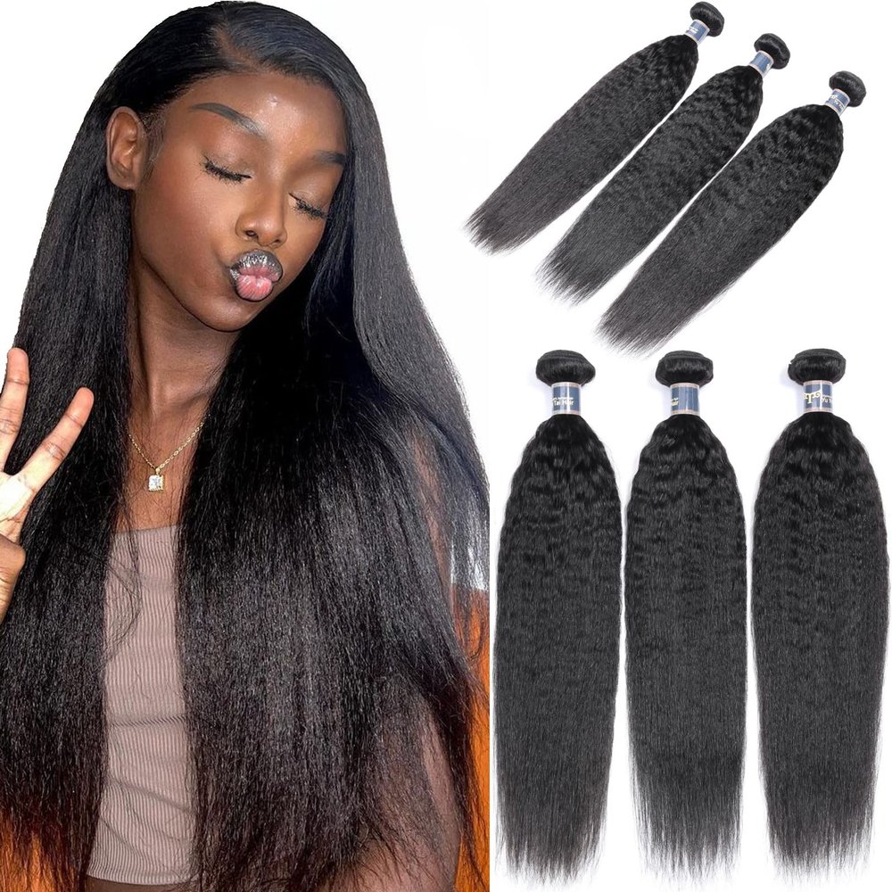 10 10 10 Inch Yaki Straight Human Hair Weave Brazilian Kinky Straight Hair Bundles sew in Real Unprocessed Virgin Weft Relaxed Hair Extensions No Tangle No Shedding Yuyongtai 1B Color Bundles