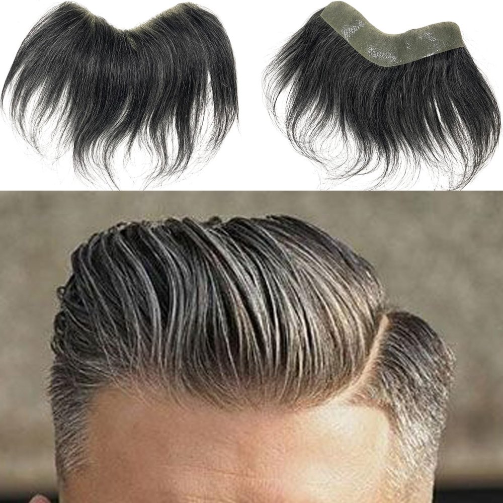 Voloria Men's Forehead Hairline Toupee - 100% Human Hair PU Skin Hairpiece for Receding Natural Hairline - 80% 1B Black Mixed 20% Grey - 0.78x6.29 Inch