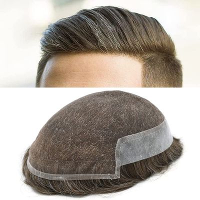 Toupee For Men Hair Replacement System Swiss Lace With PU Mens Toupee Bleached Knots Lace Front Hairpiece For Men 100% European Remy Human Hair Unit 8"x10"#410 Medium Brown with 10% Gray-120% density
