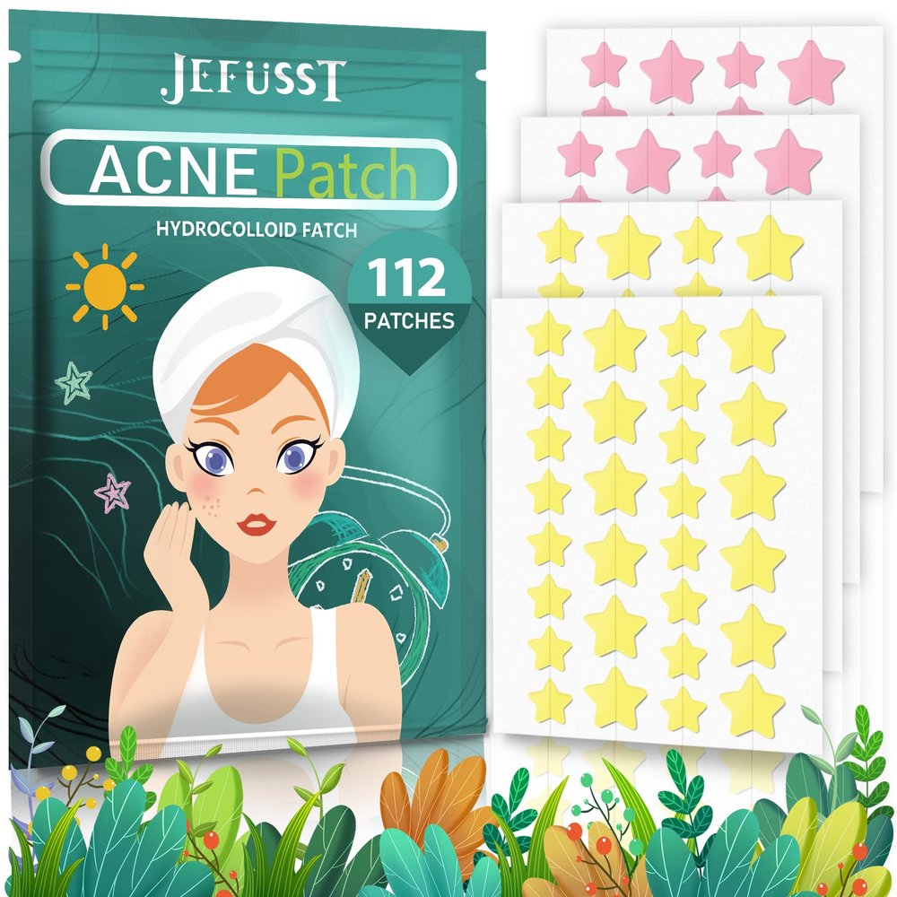 Jefusst Acne Pimple Patch 112 Counts, Invisible Hydrocolloid Yellow & Pink Star-Shaped Acne Patch with Tea Tree Oil & Calendula Oil, Acne Spot Healing Patch Zit Patches for Face