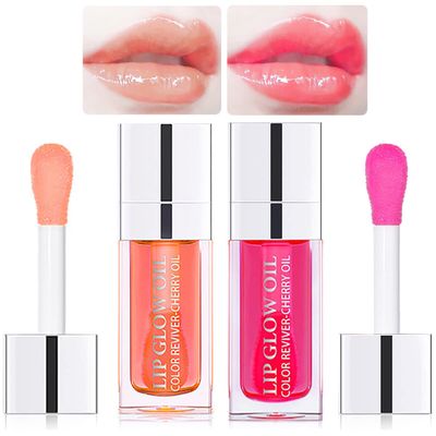Alisesun 2 Set Lip Oil Hydrating Tinted Lip Balm, Plump Lip Gloss Lip Care Transparent Toot Lip Oil Tinted, Nourishing Repairing Lightening Lip Lines Lip Care Products (Pink/Cherry)