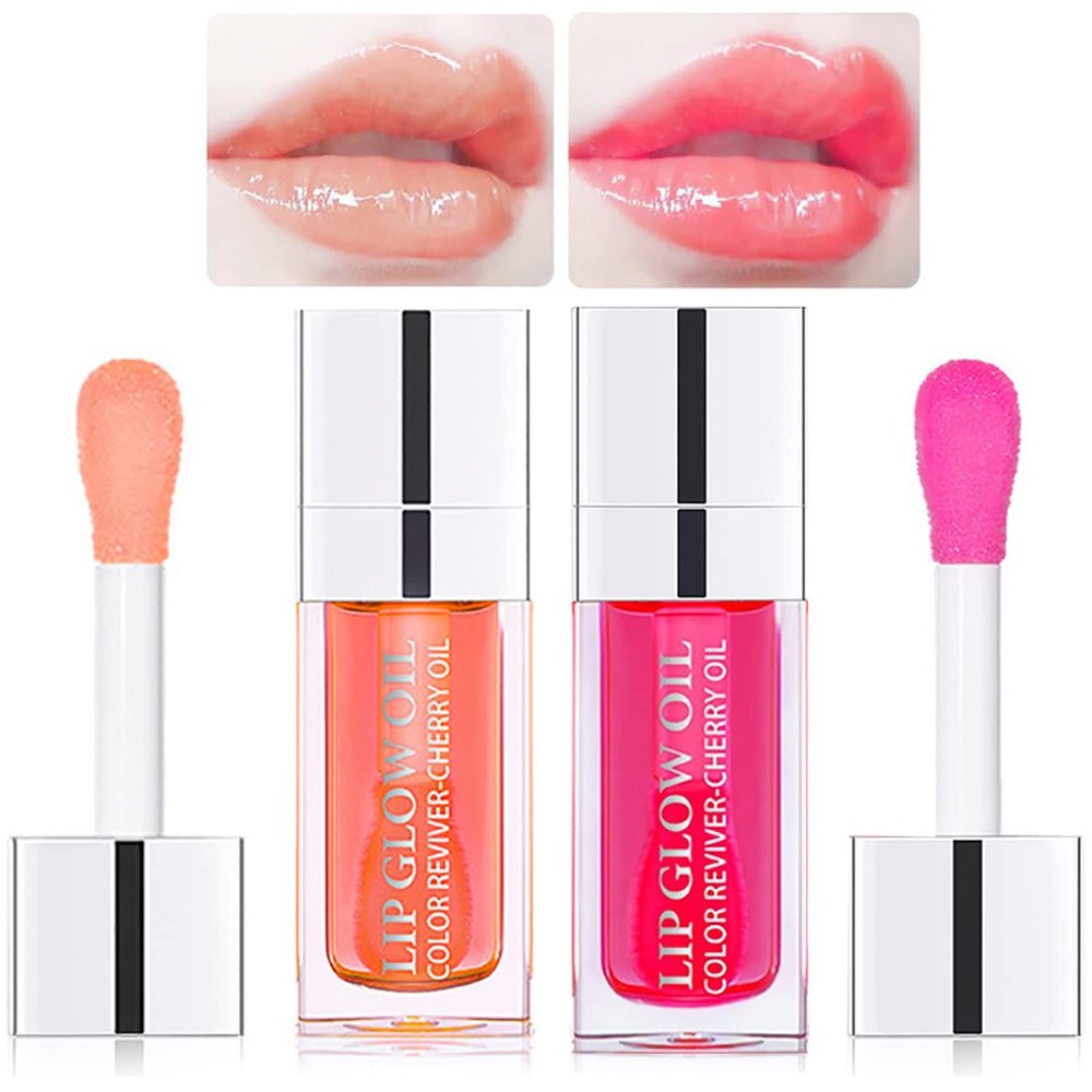 Alisesun 2 Set Lip Oil Hydrating Tinted Lip Balm, Plump Lip Gloss Lip Care Transparent Toot Lip Oil Tinted, Nourishing Repairing Lightening Lip Lines Lip Care Products (Pink/Cherry)
