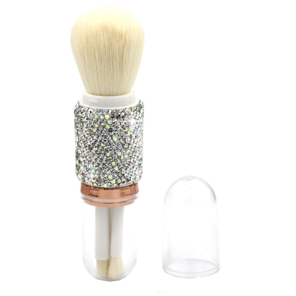 Bestbling Bling bling Rhinestones Mini Makeup Brush Set for Eyes and Face - 4 in 1 Portable Makeup Brush Set with Extendable Handle (Silver)