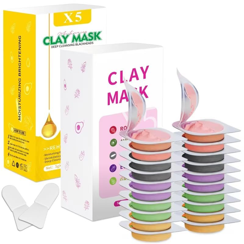 Aaenouicfs Clay Mask Set 20 Pods, Face Mask Skin Care, Green Tea, Turmeric, Dead Sea Mud, Rose, 24K Gold, Eggplant, Avocado, Mud Mask Deep Cleansing Skin, Blackhead Removal, Men & Women Facial Mask