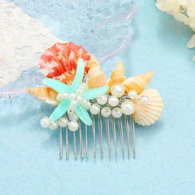 JEAIRTS Starfish Hair Comb Silver Shell Pearl Headpiece Conch Beach Wedding Hair Accessories for Women