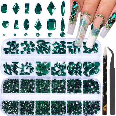 HNUIX Nail Rhinestones - 3D Multi Shape Size, Emerald Green Nail Gems, Flat Back, with Kit, for Nail Art, DIY Decorations