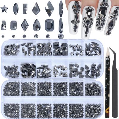 HNUIX Nail Rhinestones - 3D Multi Shape Size, Crystal Mineral Gray Nail Gems, Flat Back, with Kit, for Nail Art, DIY Decorations