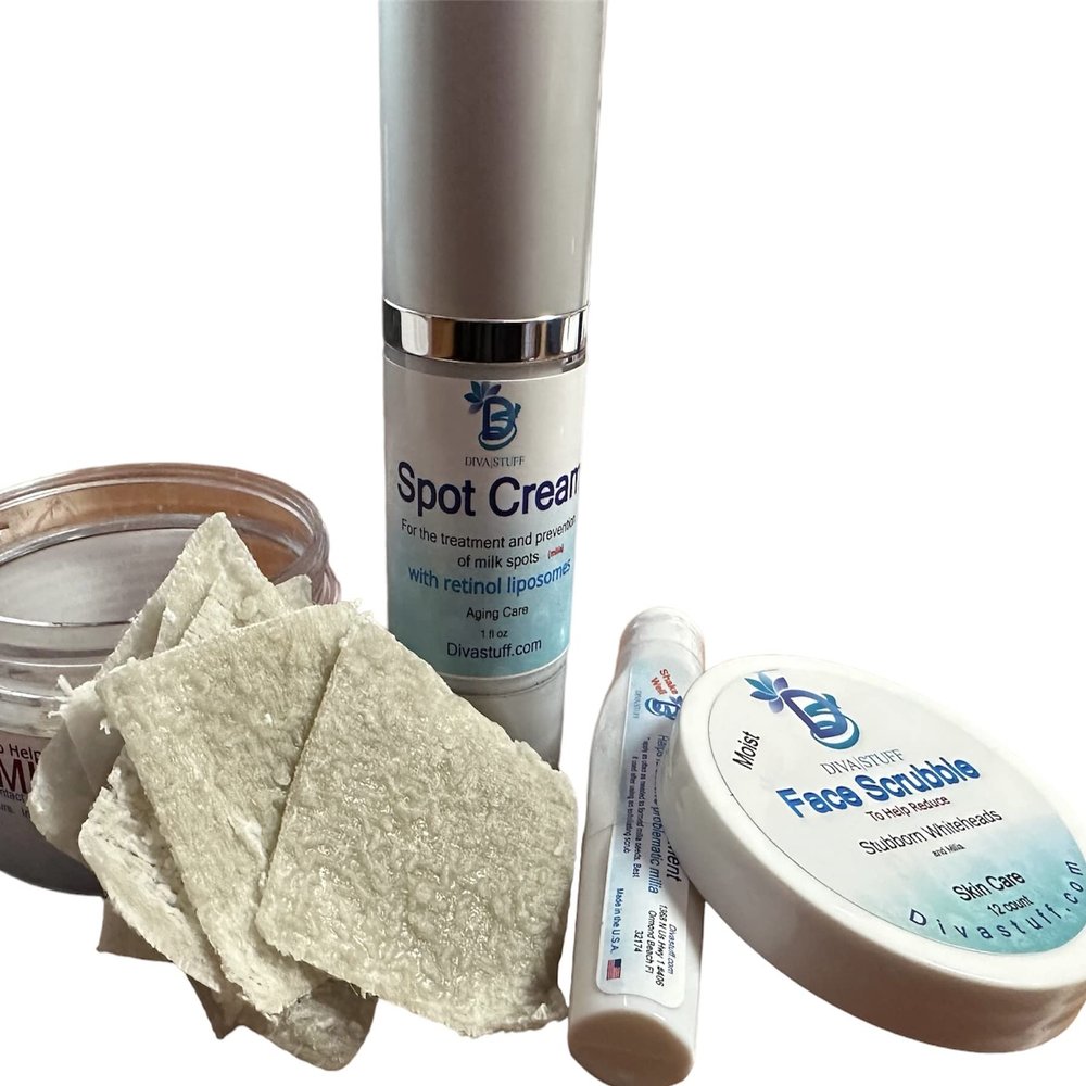 3 Piece Set Face Scrub,Cream and Purse Size Spot Applicator for Milk Spots, Whiteheads, Blackheads and Stubborn Clogged Pores By Diva Stuff