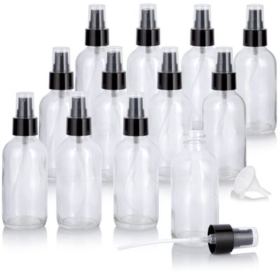 JUVITUS 4 oz Clear Glass Boston Round Bottle with Black Treatment Pump (12 Pack) + Funnel