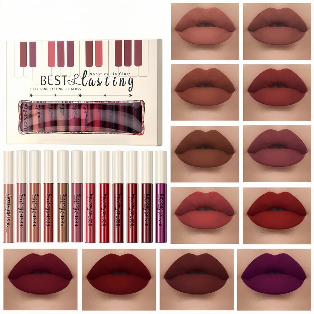 Melemando 12PCS Matte Liquid Lipstick Set Non-Stick Cup and Not Fade Pigmented Lipstick Long-Lasting Waterproof Velvet Lipgloss Kit Makeup for Girls and Women (Set 01)