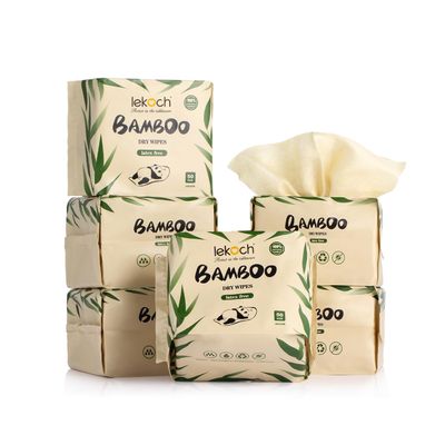 LEKOCH Bamboo Dry Wipes - 100% Biodegradable & Hypoallergenic | Makeup Remover & Baby Wipes | 6 Packs (300 Count, 8x8 Inches) | Ultra Soft for Wet/Dry Use