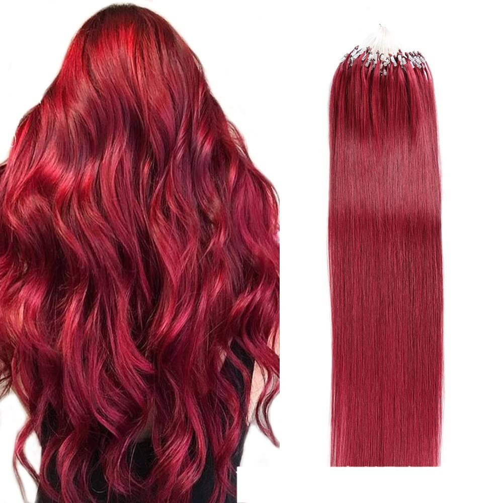 100% Remy Human Hair Extensions Micro Ring Loop Bead Tipped Hair,Straight Micro Ring Human Hair Extensions,50g 50 Strands,Burgundy,24inch