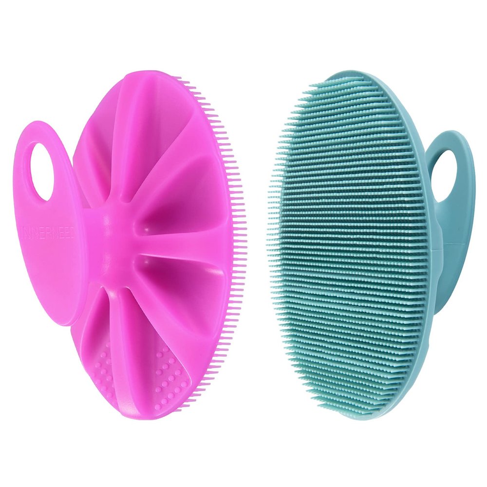 INNERNEED Food-Grade Soft Silicone Body Cleansing Brush Shower Scrubber, Gentle Exfoliating and Massage for All Kinds of Skin (Purple+Dark Green)