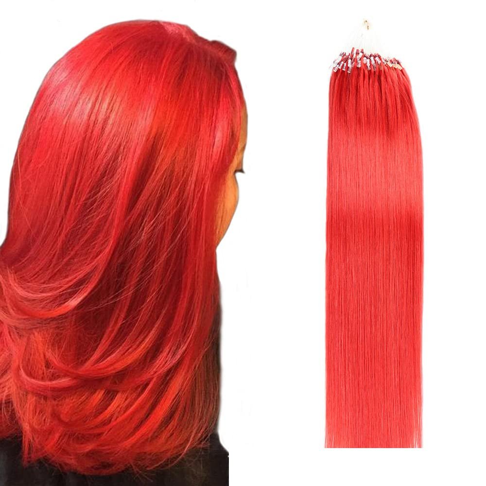 100% Remy Human Hair Extensions Micro Ring Loop Bead Tipped Hair,Straight Micro Ring Human Hair Extensions,50g 50 Strands,Red,24inch
