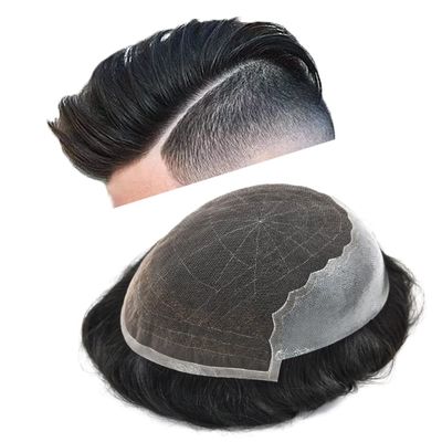 Curve Hair Toupee for Men Human Hair Replacement System Transparent Lace Mens Toupee Wigs Bleached Knots Natural Hairline PU Skin Hair Piece Unit for Men (6''X8'', #1B Off Black)