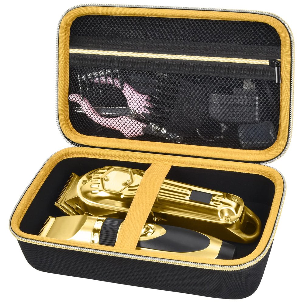 Case Compatible with Hair Clipper Barber, Trimmer Travel Storage Organizer for T Finisher Liner, Comb Cutting Guide, Clipper Blade Oil, Cleaning Brush and Other Grooming Kit - Black Case+Gold Zipper