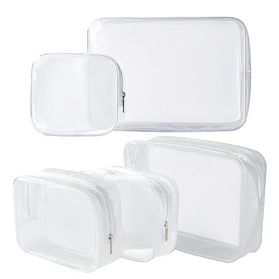 5 Pack Clear Plastic Zippered Toiletry Carry Pouch TSA Approved Toiletry Bag Portable Cosmetic Makeup Bag for Vacation, Bathroom and Organizing (White, Mixed Size)