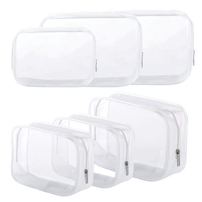 6 Pack Clear Toiletry Carry Pouch with Zipper Portable Plastic Waterproof Cosmetic Bag TSA Approved for Vacation Travel Bathroom and Organizing (White, Small and Large)