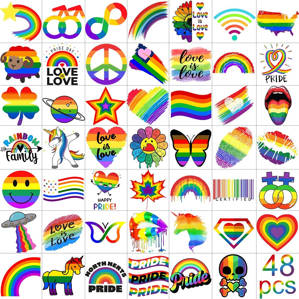 48 PCS Gay Pride Tattoos Temporary, Rainbow Face Tattoos Stciekrs For Women Men Adults, Temp Bulk Fake LGBT LGBTQ Pride Face Tattoo Accessories, Equality Parade Festival Party Celebrations