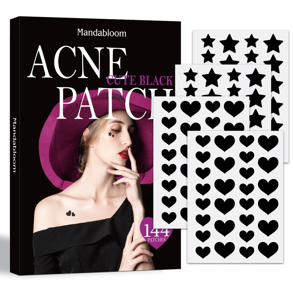 Mandabloom Acne Pimple Patch, Hydrocolloid Acne Patches with Tea Tree & Calendula Oil, Star-Shaped Acne Patches Cute for Face (Black Star & Heart)
