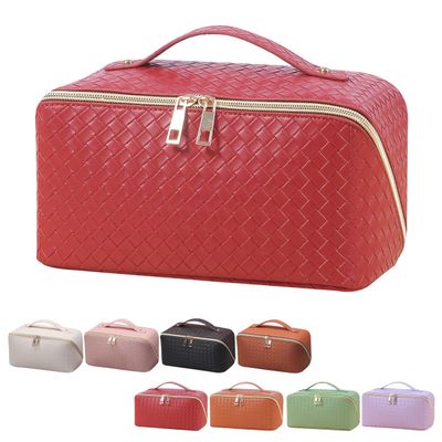 ANIEJUFI Large Capacity Travel Cosmetic Bag Makeup Bag Women Portable Checkered Makeup Organizer Bags Toiletry Bag with Handle and Dividers, Red