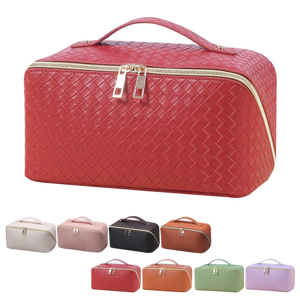 ANIEJUFI Large Capacity Travel Cosmetic Bag Makeup Bag Women Portable Checkered Makeup Organizer Bags Toiletry Bag with Handle and Dividers, Red