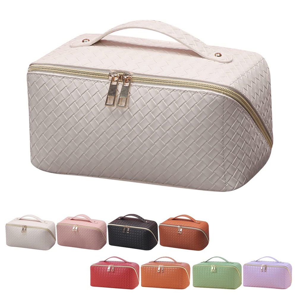 ANIEJUFI Large Capacity Travel Cosmetic Bag Makeup Bag Women Portable Checkered Makeup Organizer Bags Toiletry Bag with Handle and Dividers, White