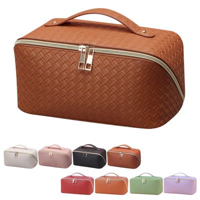ANIEJUFI Large Capacity Travel Cosmetic Bag Makeup Bag Women Portable Checkered Makeup Organizer Bags Toiletry Bag with Handle and Dividers, Brown