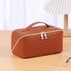 ANIEJUFI Large Capacity Travel Cosmetic Bag Makeup Bag Women Portable Checkered Makeup Organizer Bags Toiletry Bag with Handle and Dividers, Brown view 4