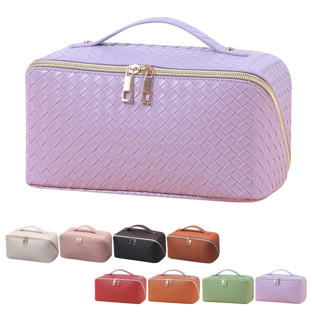ANIEJUFI Large Capacity Travel Cosmetic Bag Makeup Bag Women Portable Checkered Makeup Organizer Bags Toiletry Bag with Handle and Dividers, Purple