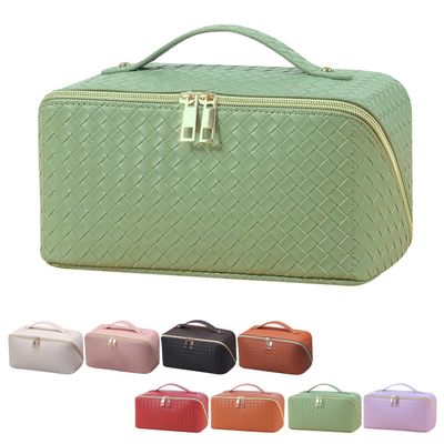 ANIEJUFI Large Capacity Travel Cosmetic Bag Makeup Bag Women Portable Checkered Makeup Organizer Bags Toiletry Bag with Handle and Dividers, Green