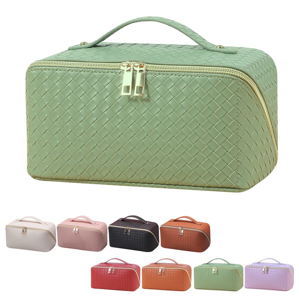 ANIEJUFI Large Capacity Travel Cosmetic Bag Makeup Bag Women Portable Checkered Makeup Organizer Bags Toiletry Bag with Handle and Dividers, Green