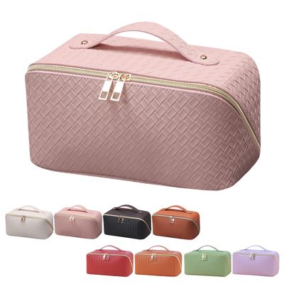 ANIEJUFI Large Capacity Travel Cosmetic Bag Makeup Bag Women Portable Checkered Makeup Organizer Bags Toiletry Bag with Handle and Dividers, Pink